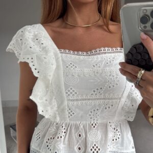 Blusa Peplum Laise Ombro a Ombro Branca - Blusa Feminina Delicada