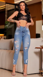 Calça Jeans Cigarrete Royal Compressora com Brilho Feminina Cintura Alta
