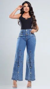 Calça Jeans Wide Leg Belle com Brilho Feminina Cintura Alta