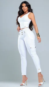 Calça Jeans Cargo Divine Compressora Feminina Cintura Alta