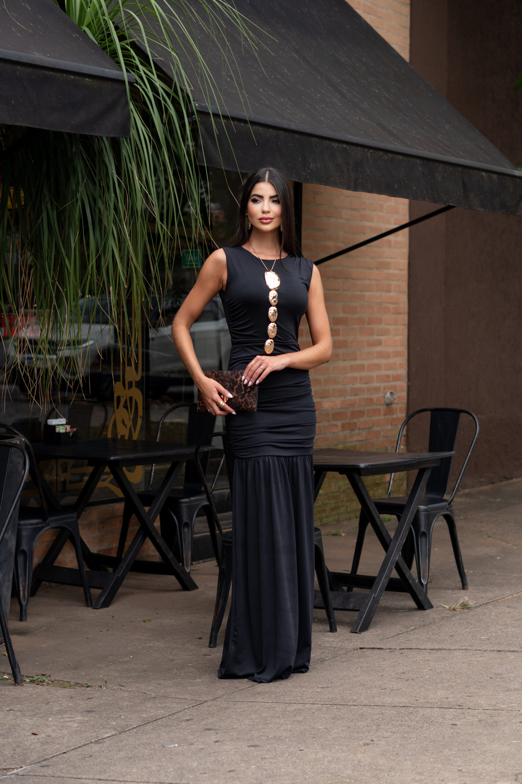 Vestido Longo Alana Sereia Franzido Canelado — Festa e Jantar Preto