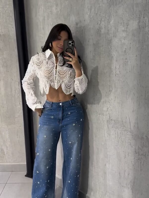 Calça Jeans Wideleg Perolada