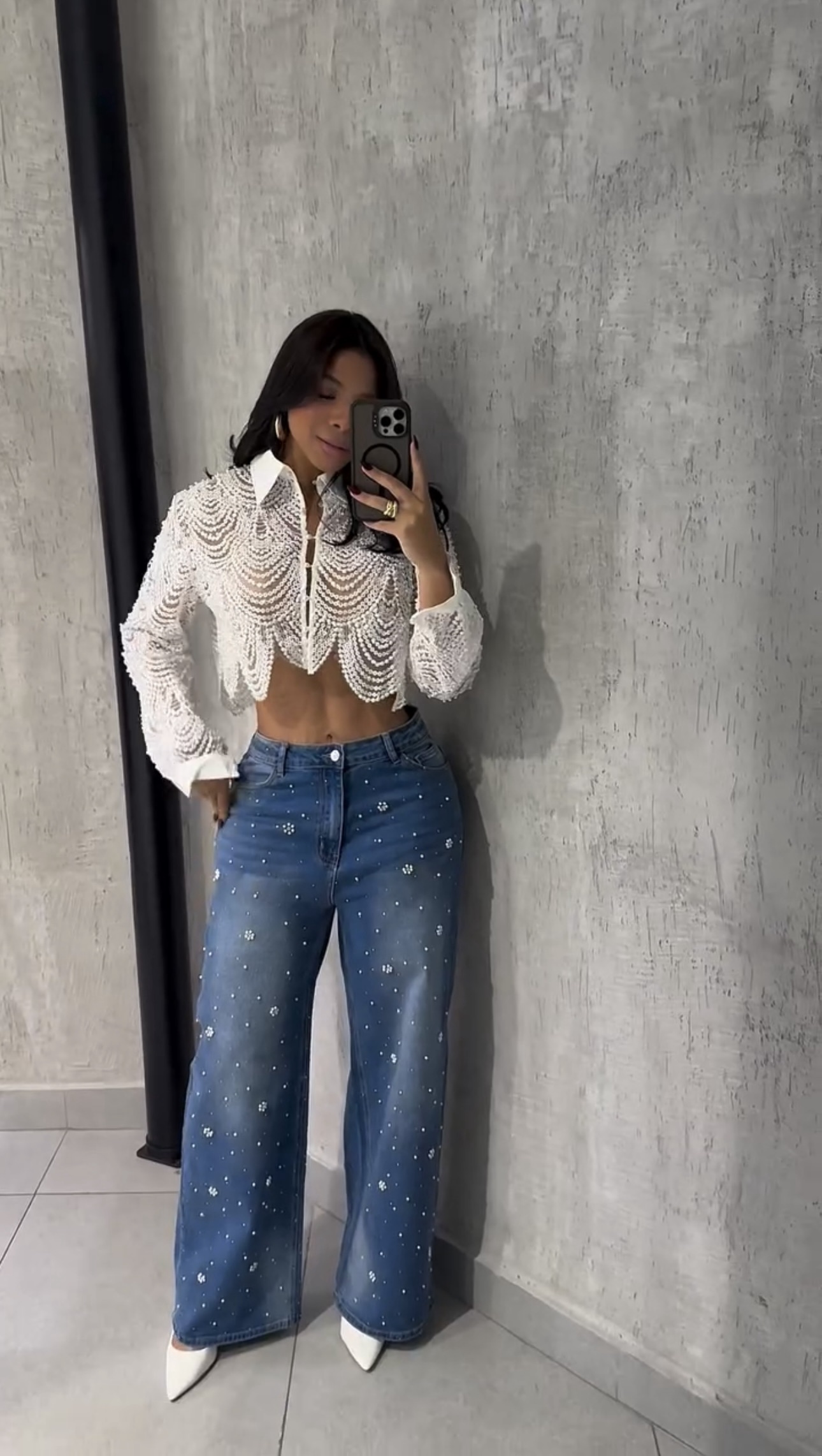 Calça Jeans Wideleg Perolada