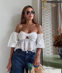 Blusa Cropped Laco Ombro a Ombro Feminina Moderna