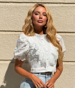 Blusa Cropped Laise Floral Manga Bufante Feminina Moderna