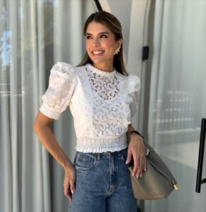 Blusa Cropped Laise Lastex Manga Bufante Feminina Moderna