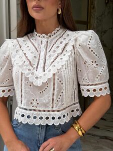 Blusa Cropped Laise Manga Bufante Branca Feminina Moderna