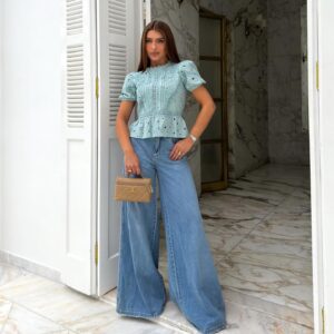 Blusa Cropped Peplum Laise Verde Agua Feminina Moderna