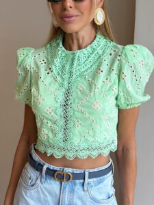 Blusa Cropped Laise Gola Alta Verde Menta Feminina Moderna