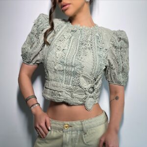 Blusa Cropped Laise Manga Bufante com Cinto Verde Menta Feminina Moderna