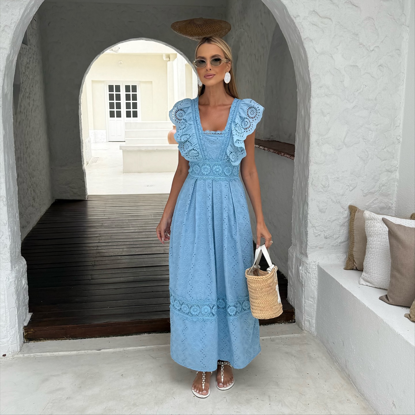 Vestido Longo Laise Babado Azul Claro