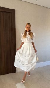 Vestido Midi Laise Manga Bufante Branco Feminino Elegante