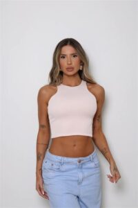 Blusa Cropped Regata Frente Única Canelado Bia Feminina Moderna