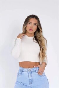 Blusa Cropped Manga Longa Gola Alta Charlote Feminina Moderna
