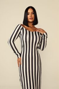 Vestido Longo Manga Longa Listrado Feminino Elegante