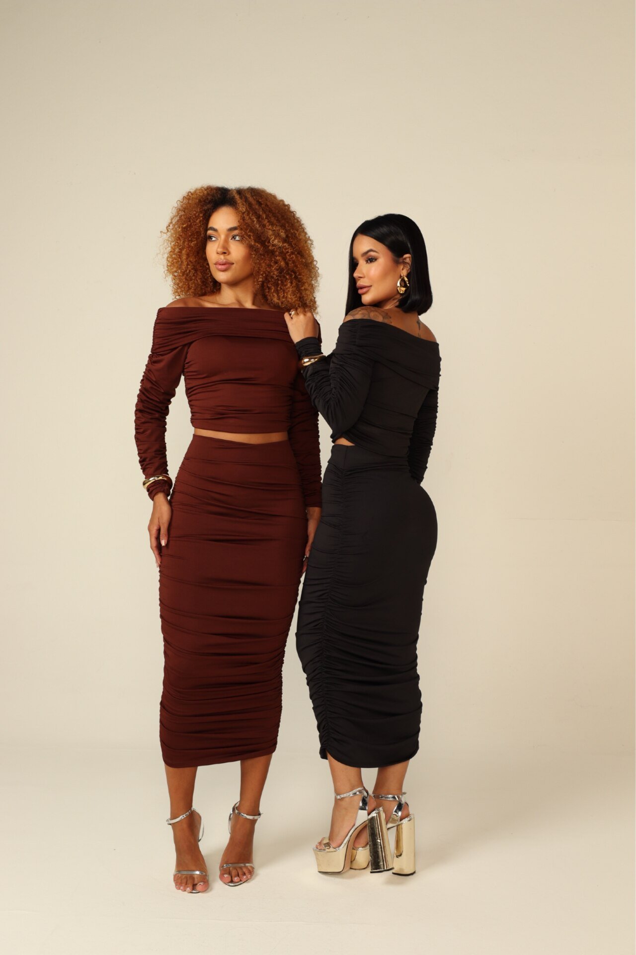 Conjunto Saia Midi e Cropped Franzido Ana Luiza