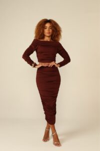 Saia Midi Ana Luiza Marrom Feminina Elegante