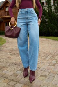 Calça Barrel Jeans Claro Feminina Cintura Alta