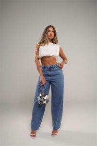 Calça Barrel Jeans Medio Feminina Cintura Alta