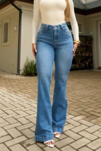 Calça Bootcut Jeans Medio Feminina Cintura Alta