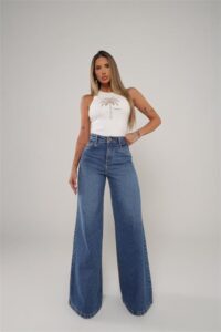 Calça Palazzo Jeans Feminina Cintura Alta