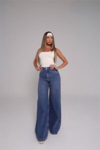 Calça Palazzo Jeans Claro Feminina Cintura Alta