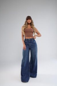 Calça Palazzo Jeans Escuro Feminina Cintura Alta