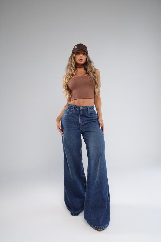 Calca Palazzo Jeans Escuro