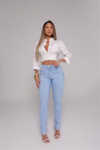 Calça Reta Jeans Classica Feminina Cintura Alta