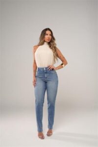 Calça Reta Jeans Premium Feminina Cintura Alta