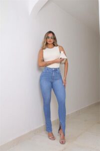Calça Skinny Jeans Escuro Feminina Cintura Alta