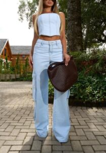 Calça Wide Leg Cargo Jeans Feminina Cintura Alta