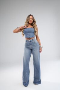 Calça Wide Leg Jeans Cargo Feminina Cintura Alta