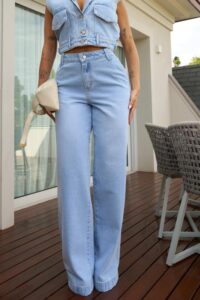 Calça Wide Leg Jeans Claro Feminina Cintura Alta