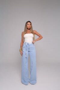 Calça Wide Leg Jeans Escuro Feminina Cintura Alta